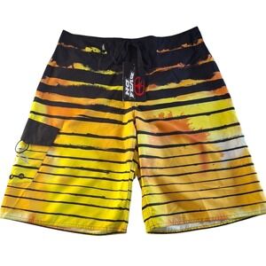 No Fear Board Shorts Men's 32 Striped Yellow Black Swim Trunks Cargo Pocket NWT